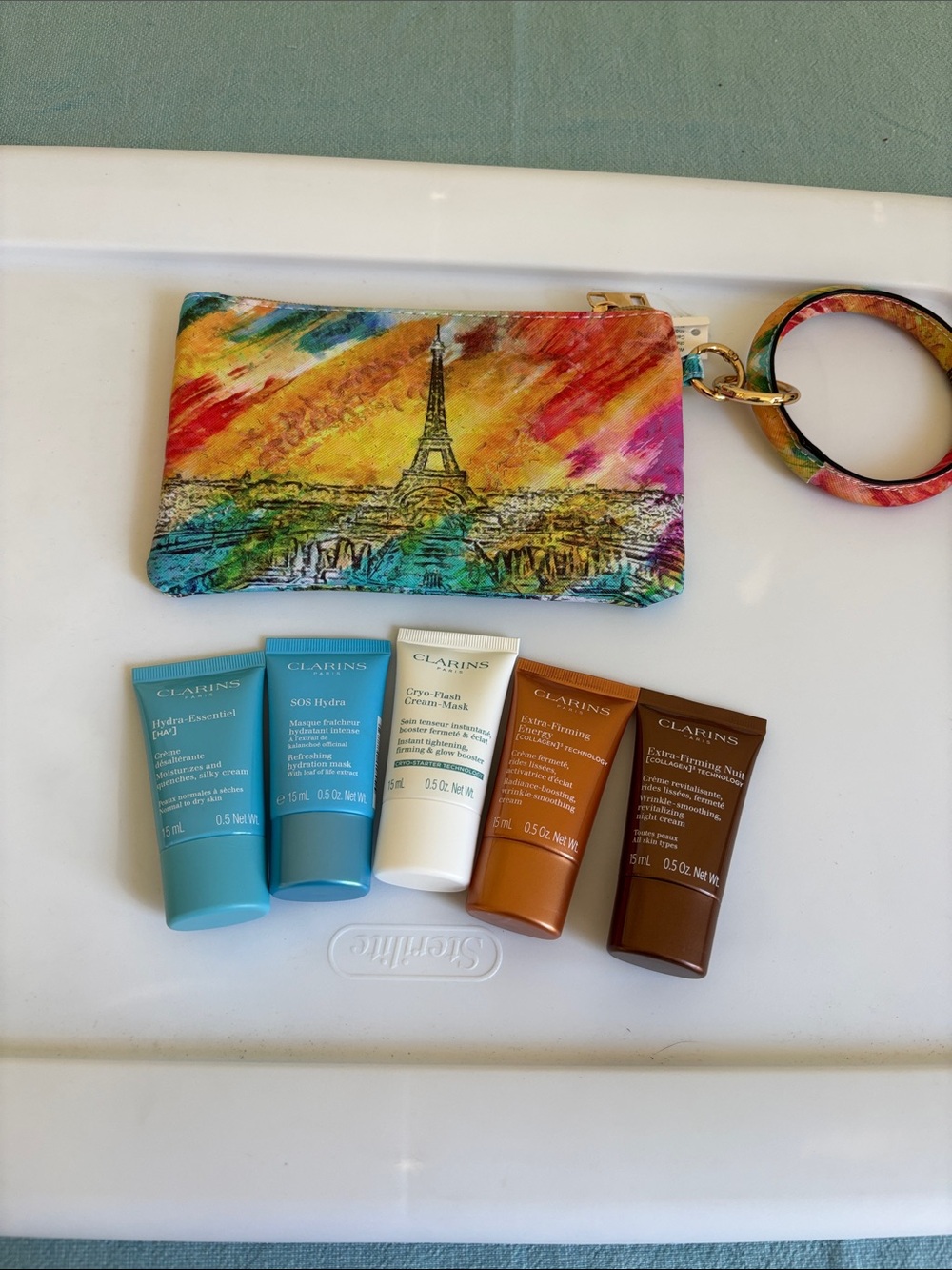 Clarins Travel Skincare Set with Colorful Eiffel Wristlet